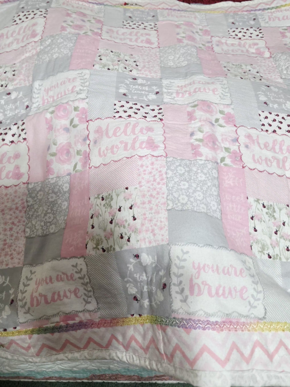 Hello World Pink & Gray Patchwork Baby Quilt - Soft Nursery Throw